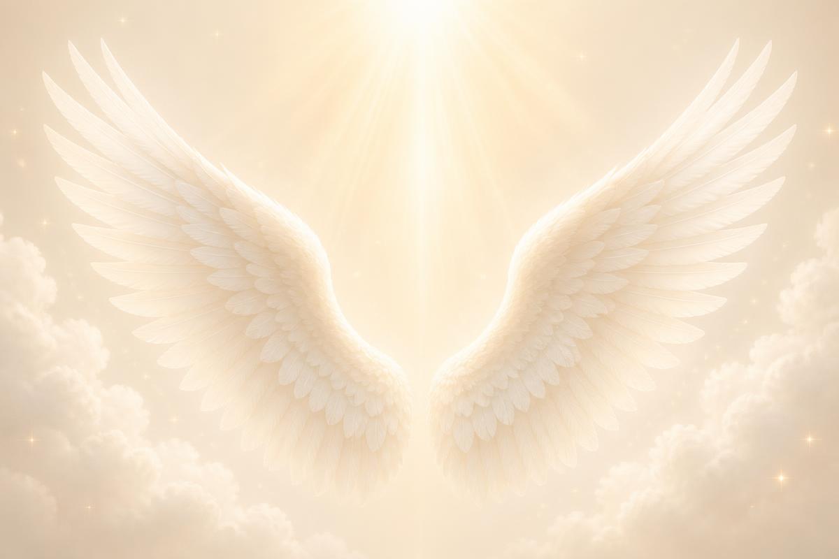 White angel wings with soft clouds and golden light